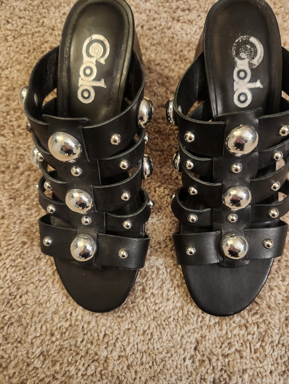 Women's leather Silver Black Studded Slide Sandals with Gold Accents